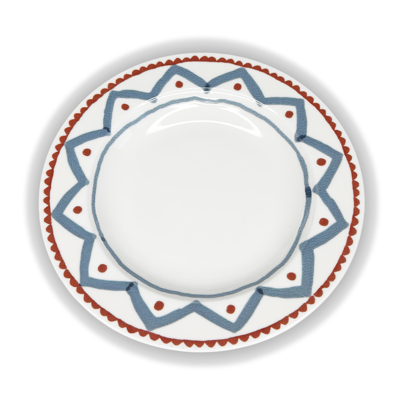 Assiette creuse décor étoile géométrique bleue rouge style méditerranéen vue dessus