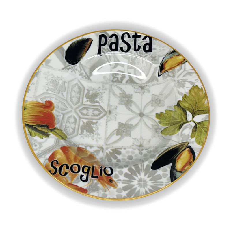 Pastabowl Fontebasso 1760 décor Pasta Scoglio moules crevettes azulejos dorés face