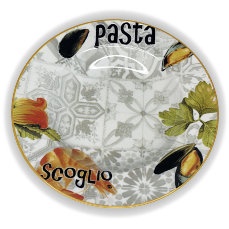 Pastabowl Fontebasso 1760 décor Pasta Scoglio moules crevettes azulejos dorés face