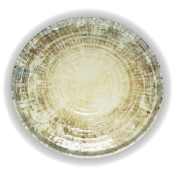 Assiette plate Kütahya Porselen glaçure réactive vert sauge brun tourbillon vue dessus