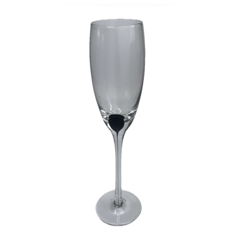 Flûte à champagne transparente très élancée pied fin pastille noire vue de face