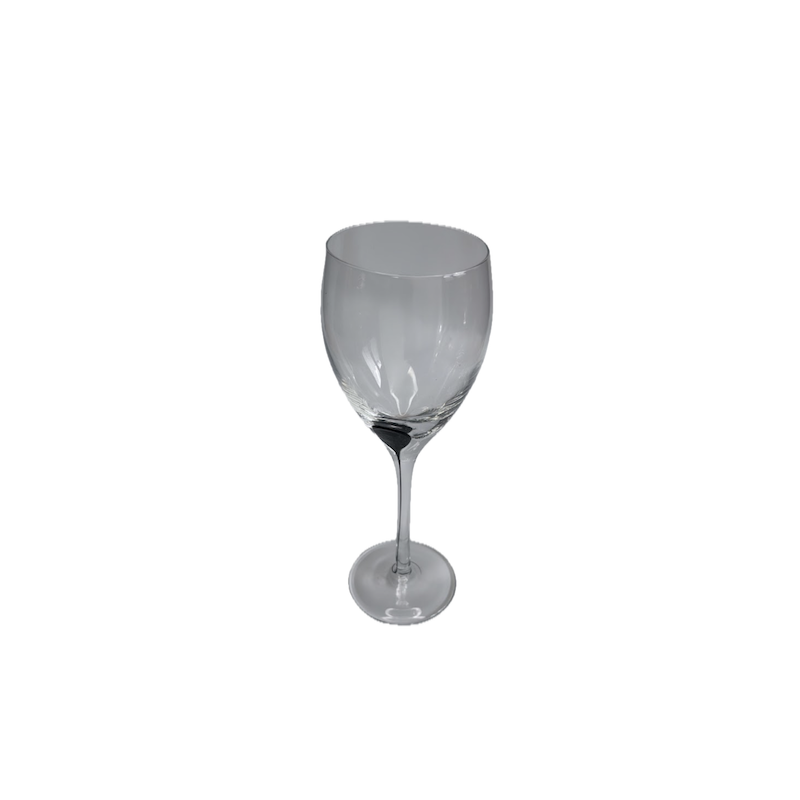 Verre à vin transparent forme tulipe pied fin pastille noire vue de face