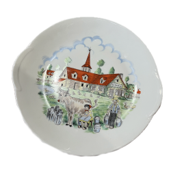 Assiette plate ancienne porcelaine décor ferme vache avec poignées Ø28cm