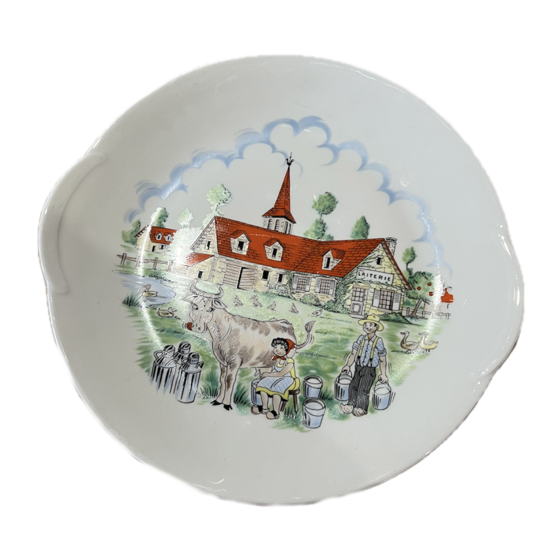 Assiette plate ancienne porcelaine décor ferme vache avec poignées Ø28cm